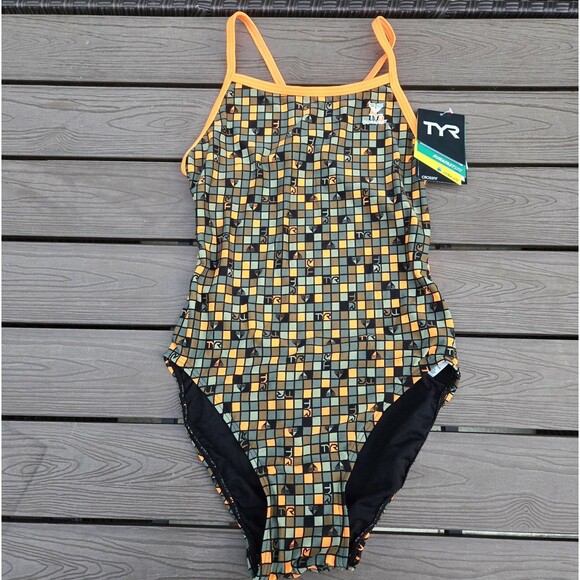 TYR Durafast Retro Check Women Crosscutfit Orange/camo 1 Pc Swimsuit SZ 34 New - Picture 1 of 4
